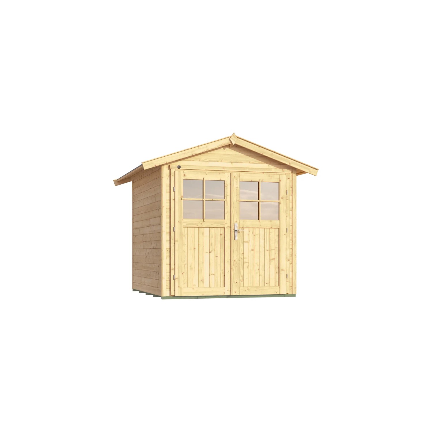 Naturbelassenes weka Gartenhaus 224 aus Holz mit Doppeltür und Satteldach.