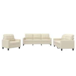 Cremefarbene 3-teilige Sofagarnitur aus Kunstleder: Sessel, 2-Sitzer und 3-Sitzer mit gepolsterten Rückenlehnen.