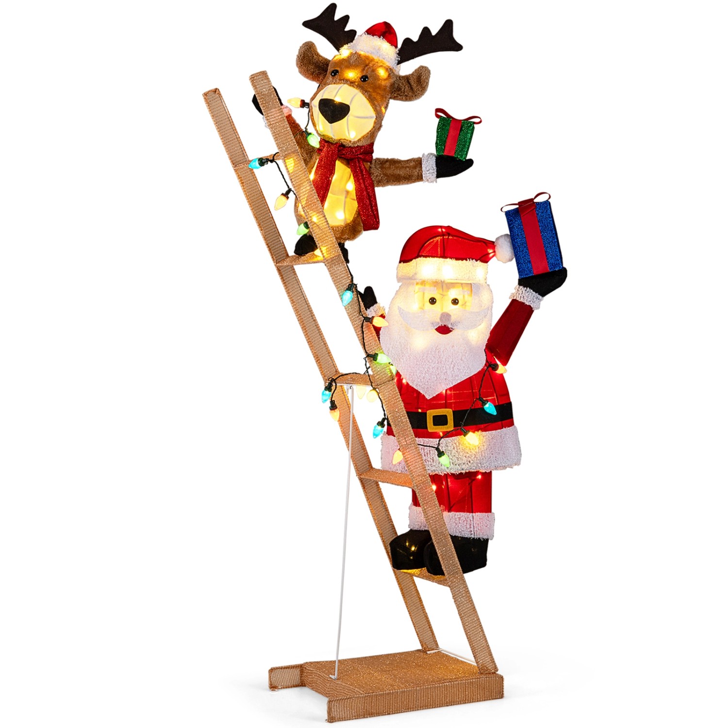 Costway Beleuchtetes Rentier & Weihnachtsmann Auf Leiter Große 166 cm