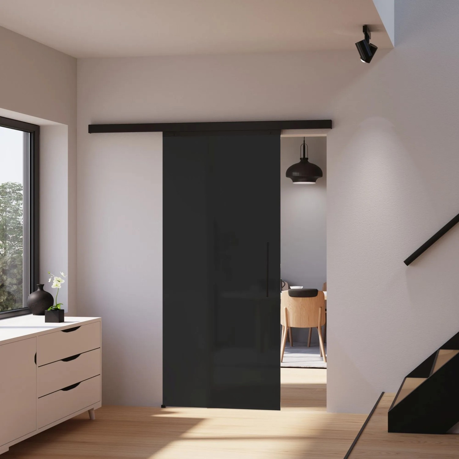 Schwarze inova Glasschiebetür, satiniert, mit Softclose im Komplettset. Ideal für moderne Raumgestaltung.