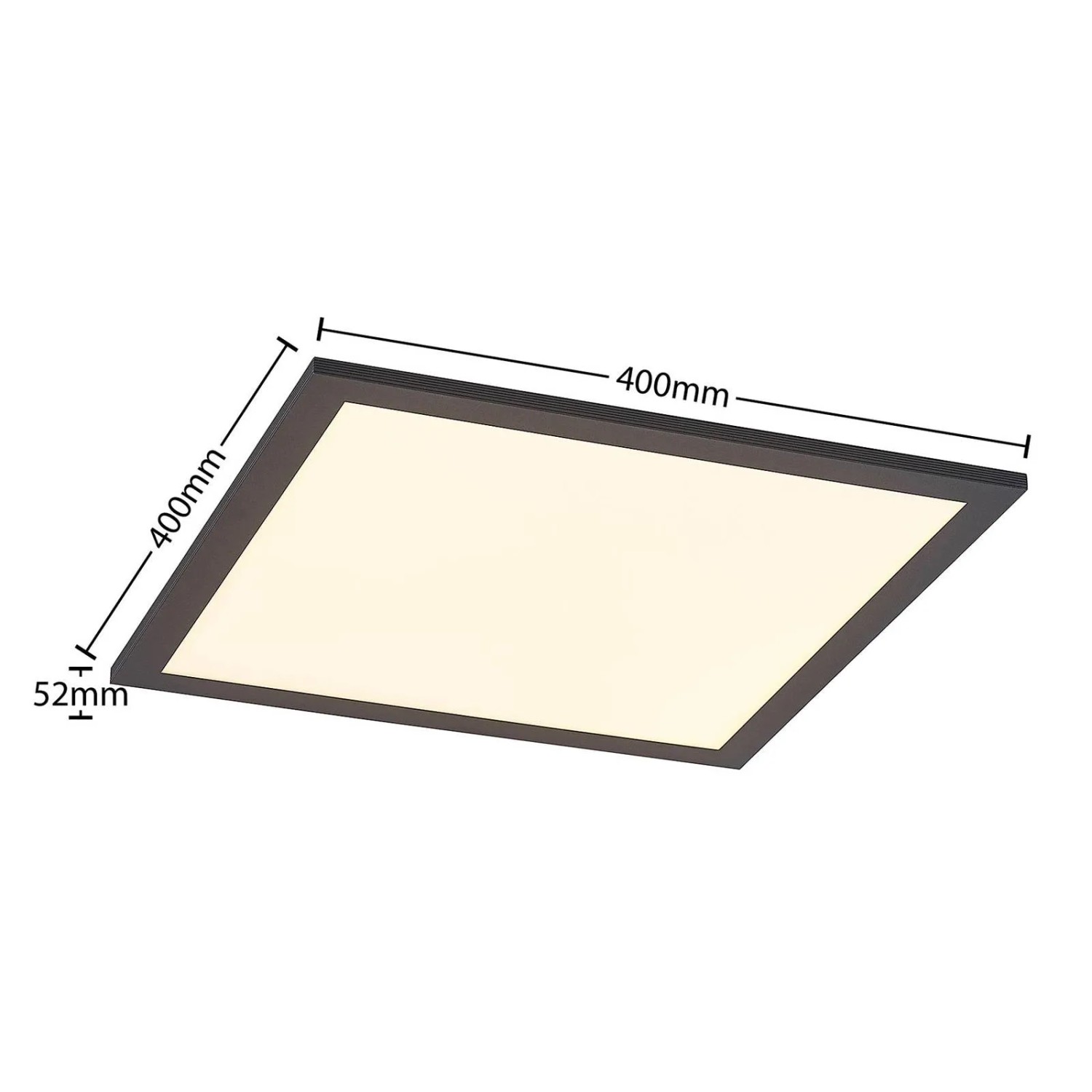 Quadratisches Lindby LED Panel Nelios in Schwarz, dimmbar, mit Maßangaben.