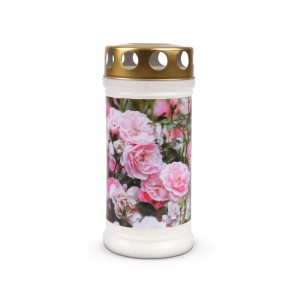 Grabkerze mit Pfingstrosen-Motiv, 72h Brenndauer, rosa. Kerze für Gedenkstätte.