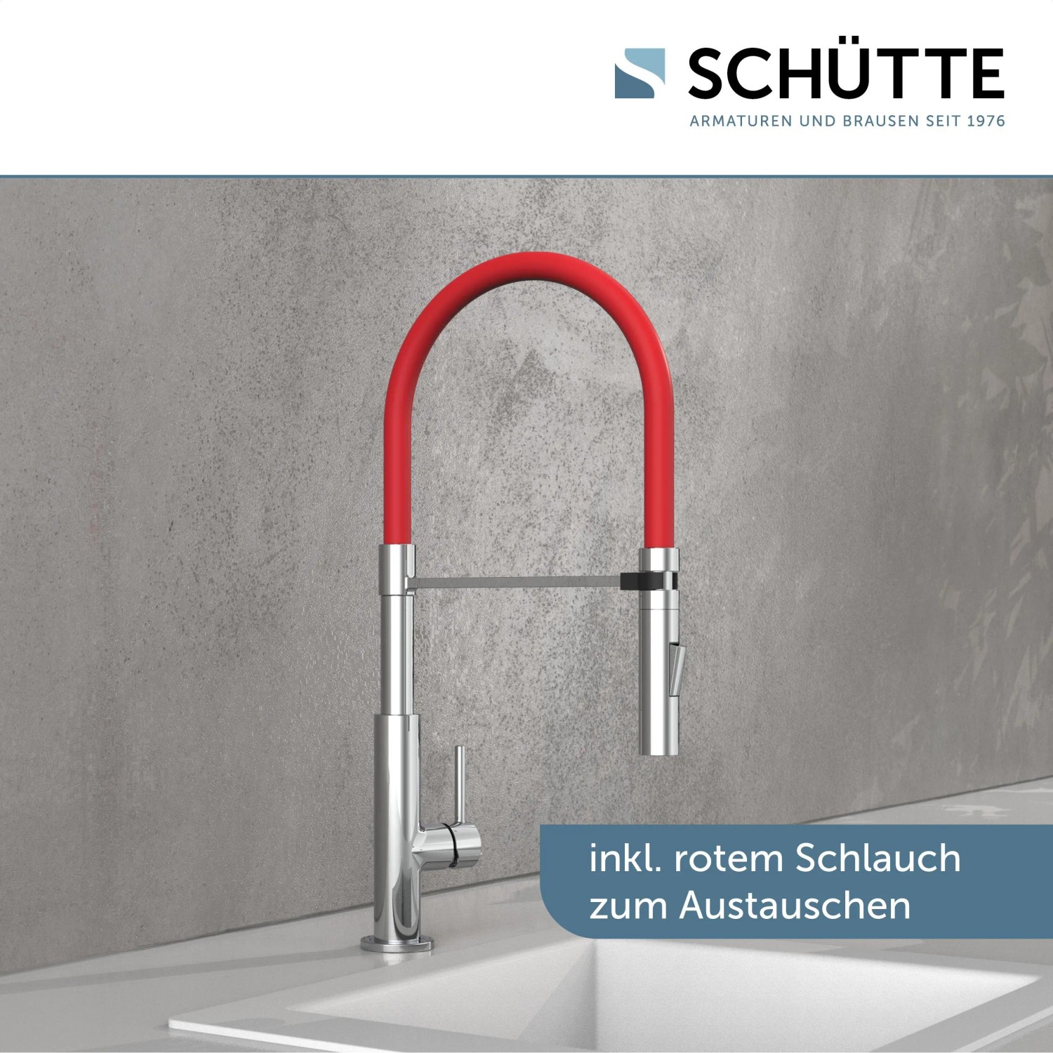 Schütte Spültischarmatur Stilo Chrom-Schwarz mit rotem Soft-Touch Schlauch.