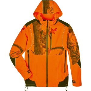 Orange-Camouflage Softshelljacke von Scheibler Workwear, Jäger Modell mit Kapuze.