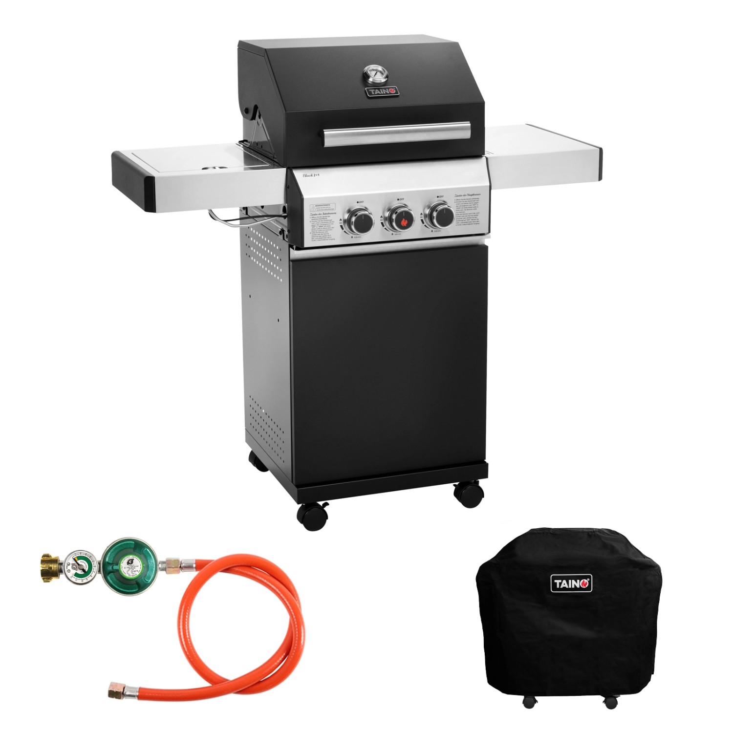 Taino Black 2+1 Gasgrill Im Praktischen Set Mit Abdeckhaube Und Gasdruckminderer