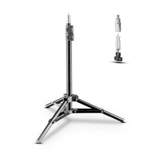 Schwarzes Walimex Pro WT-802 Lampenstativ mit Dreibein und Spigot-Anschluss. Rechts Detailansicht des Adapters.