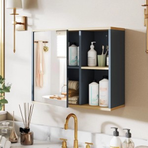 Moderner Costway Spiegelschrank in Grau/Holz mit Spiegel, verstellbaren Ablagen & offenen Fächern für Bad-Stauraum.