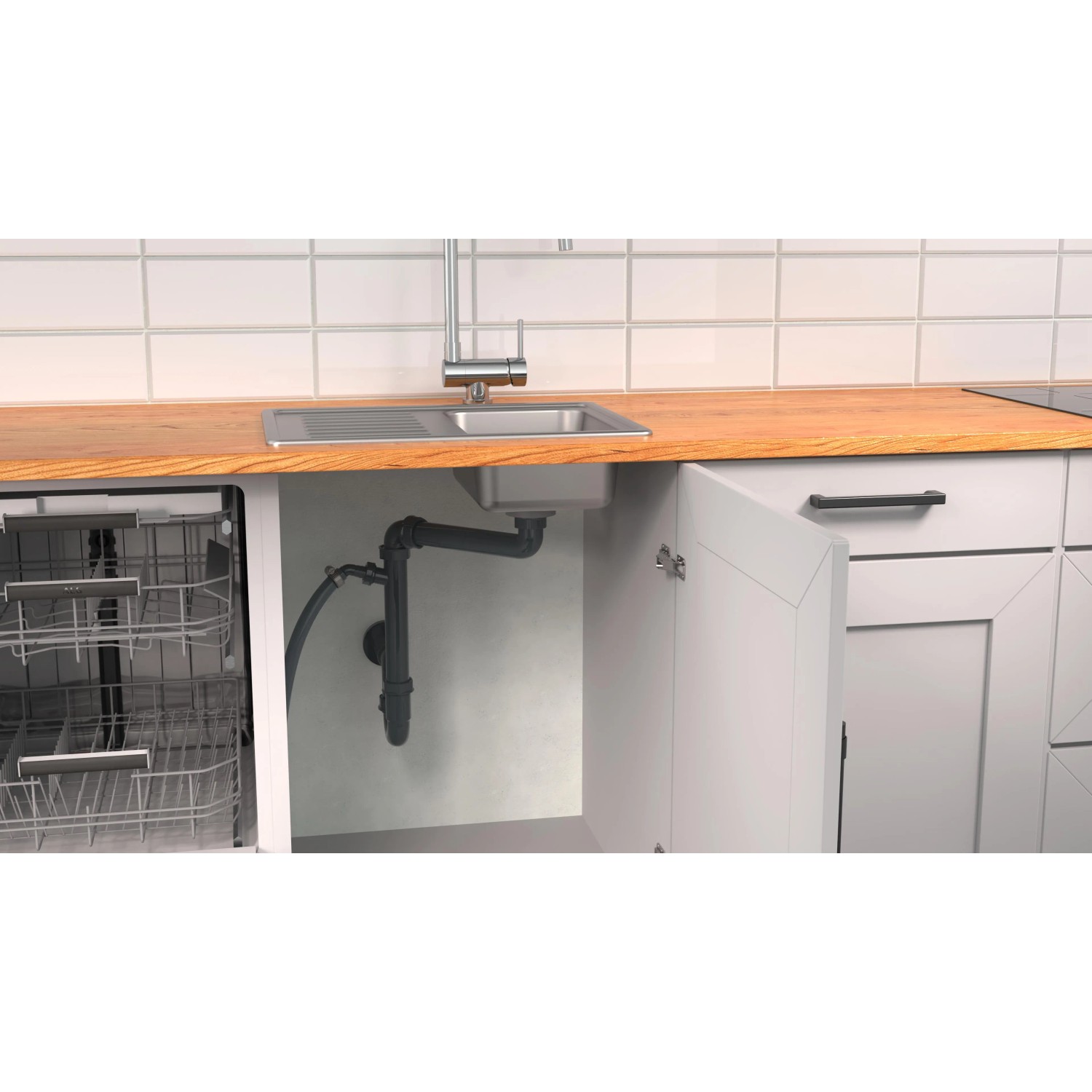 Kirchhoff Raumspar Siphon für Küchenspüle mit Geräteanschluss unter Spülbecken.