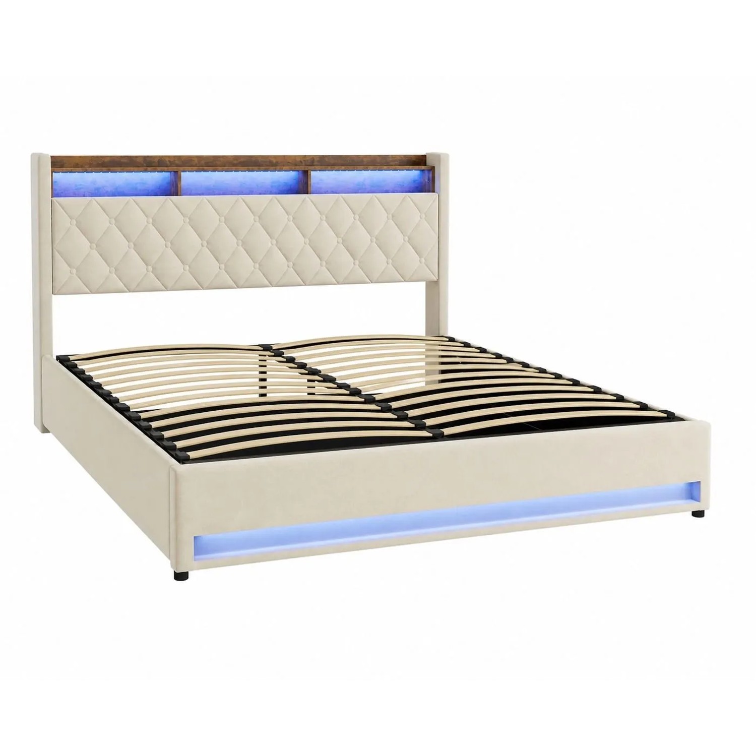 okwish Polsterbett mit LED Beleuchtung USB Steckdosen Schlafzimmer 180x 200 cm Beige