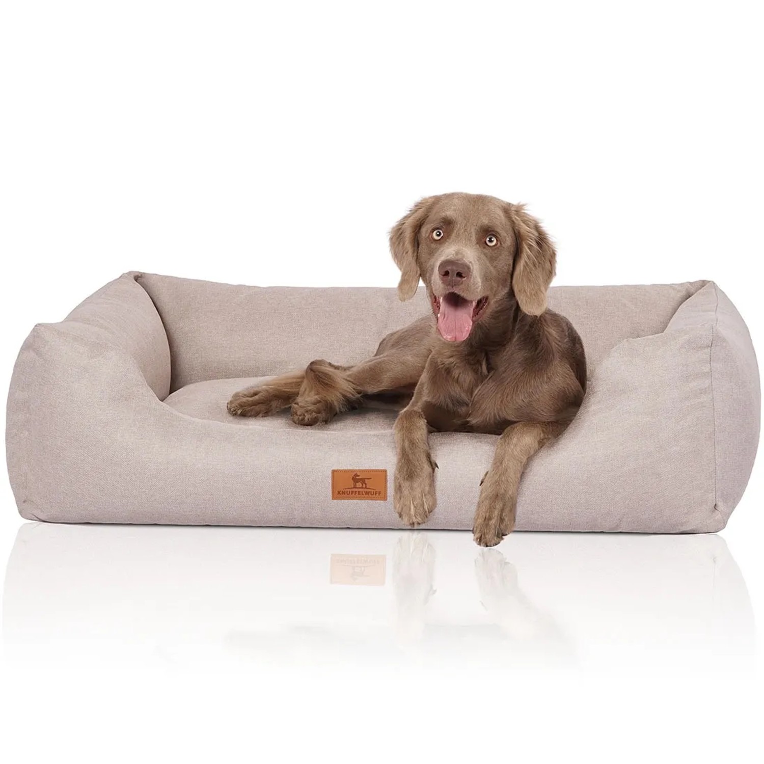Beiges Knuffelwuff Hundebett Emma Velours XXL (120x85cm) mit Hund
