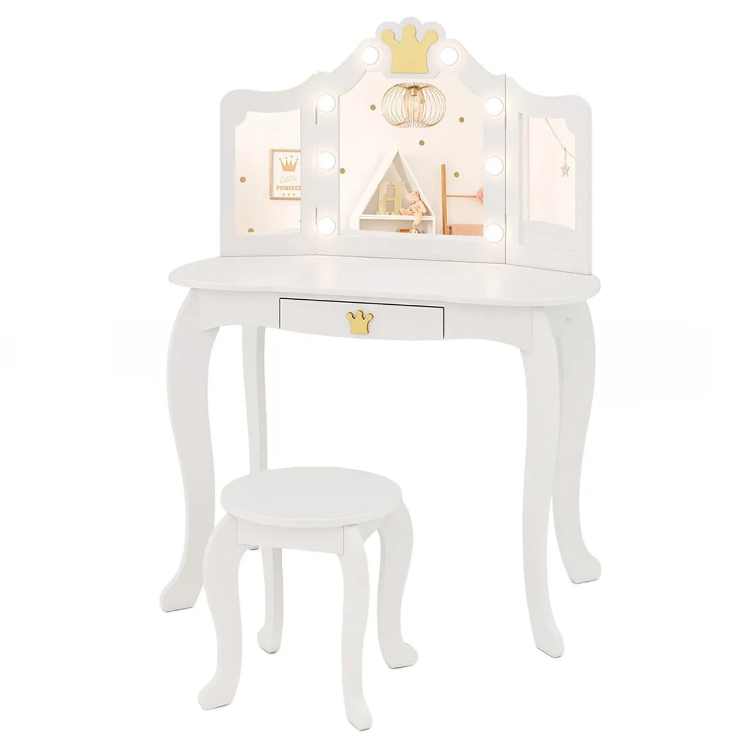 Costway Kinder Schminktisch mit Led & Dreifach Klappbarem Spiegel Weiß günstig online kaufen