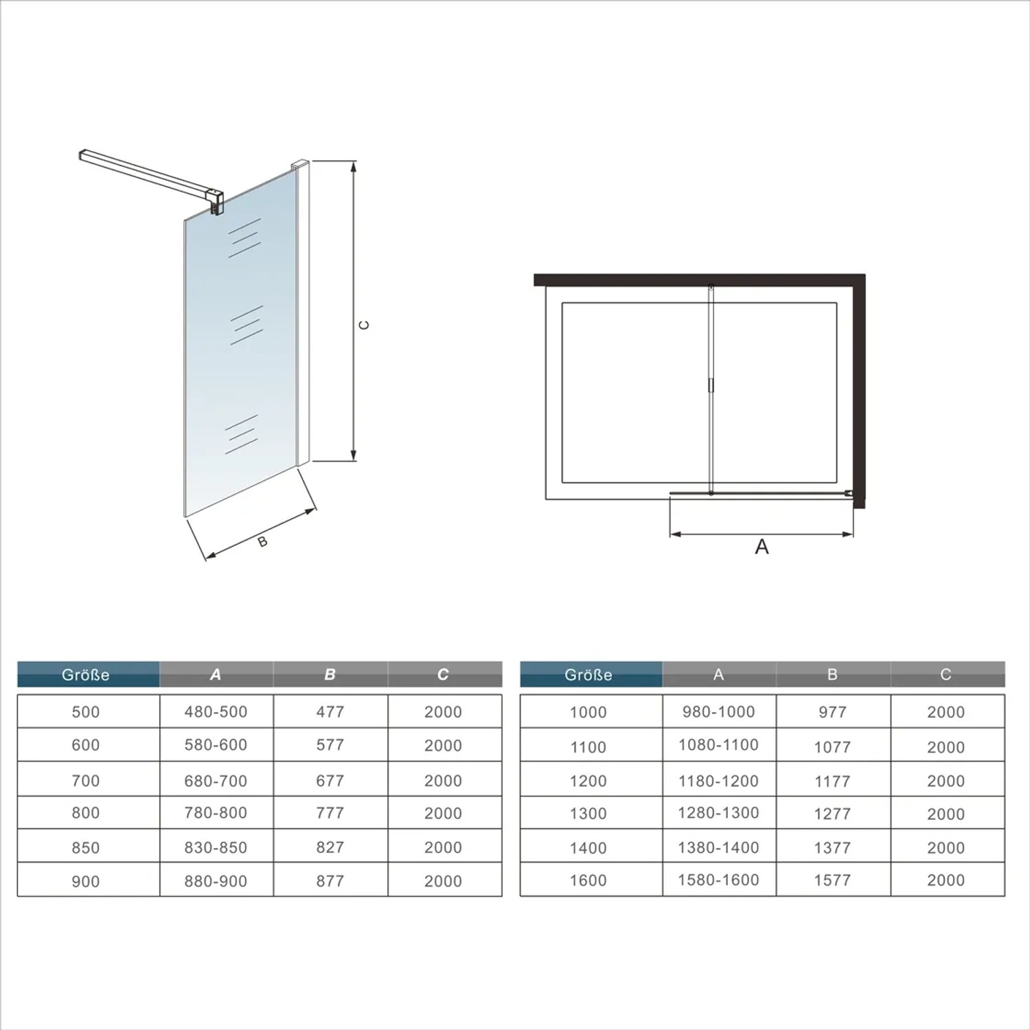 Technische Zeichnung: AICA Walk-In Dusche 70x200cm mit goldenem Stabilisator.