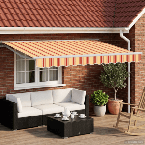 Elektrische vidaXL Markise, gelb-orange-weiß gestreift, semi-Kassette, schützt Terrasse vor Sonne. Für Garten & Balkon.