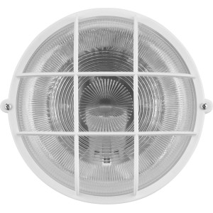 Weiße REV Ritter Kellerlampe aus Kunststoff, 100 W, mit Schutzkorb für Wand- und Deckenmontage.