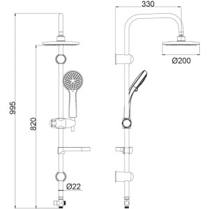 Technische Zeichnung des schwarzen Euroshowers Duschsystems Flipper mit Kopfbrause (20 cm), Handbrause und 100 cm Brausestange.