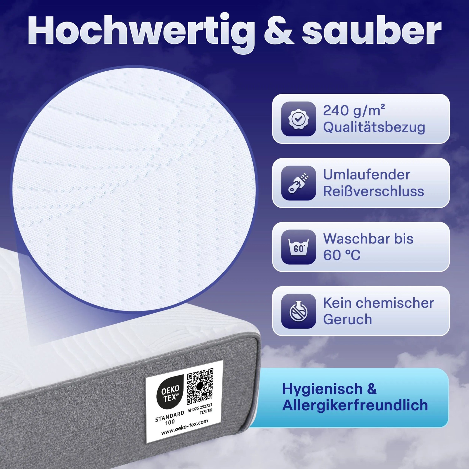 Arensberger GEL-Matratze LINA 160x200 mit atmungsaktivem, waschbarem Bezug und Oeko-Tex Zertifikat.