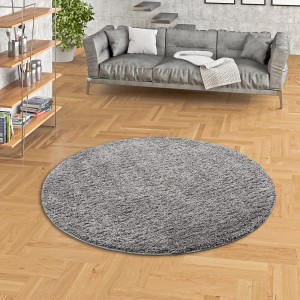 Runder, grauer Hochflor-Teppich Milano, 133x133cm. Luxuriöser Langflor-Teppich für Wohnräume.