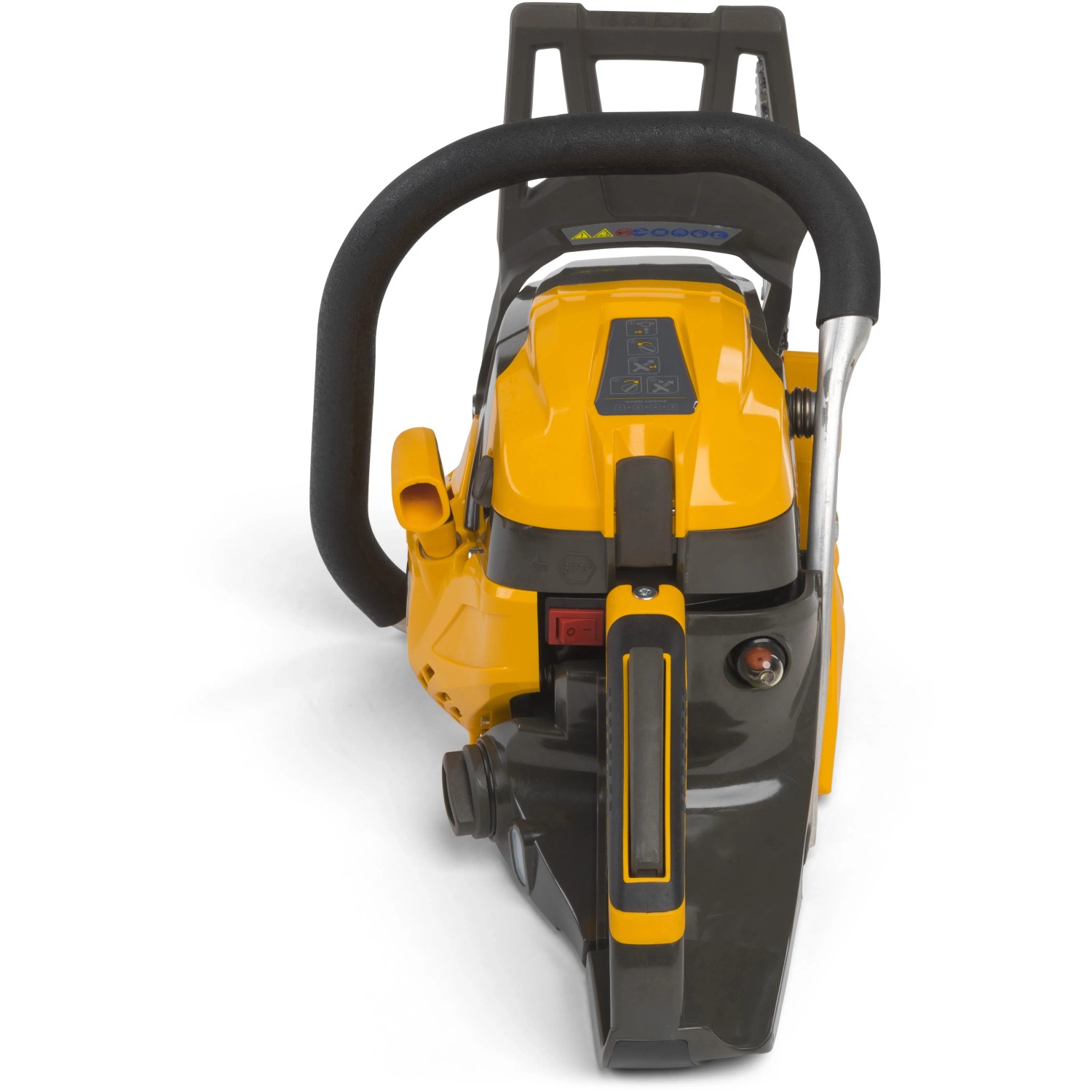 Stiga CS 750 Benzin-Kettensäge, gelb/schwarz, Rückansicht.