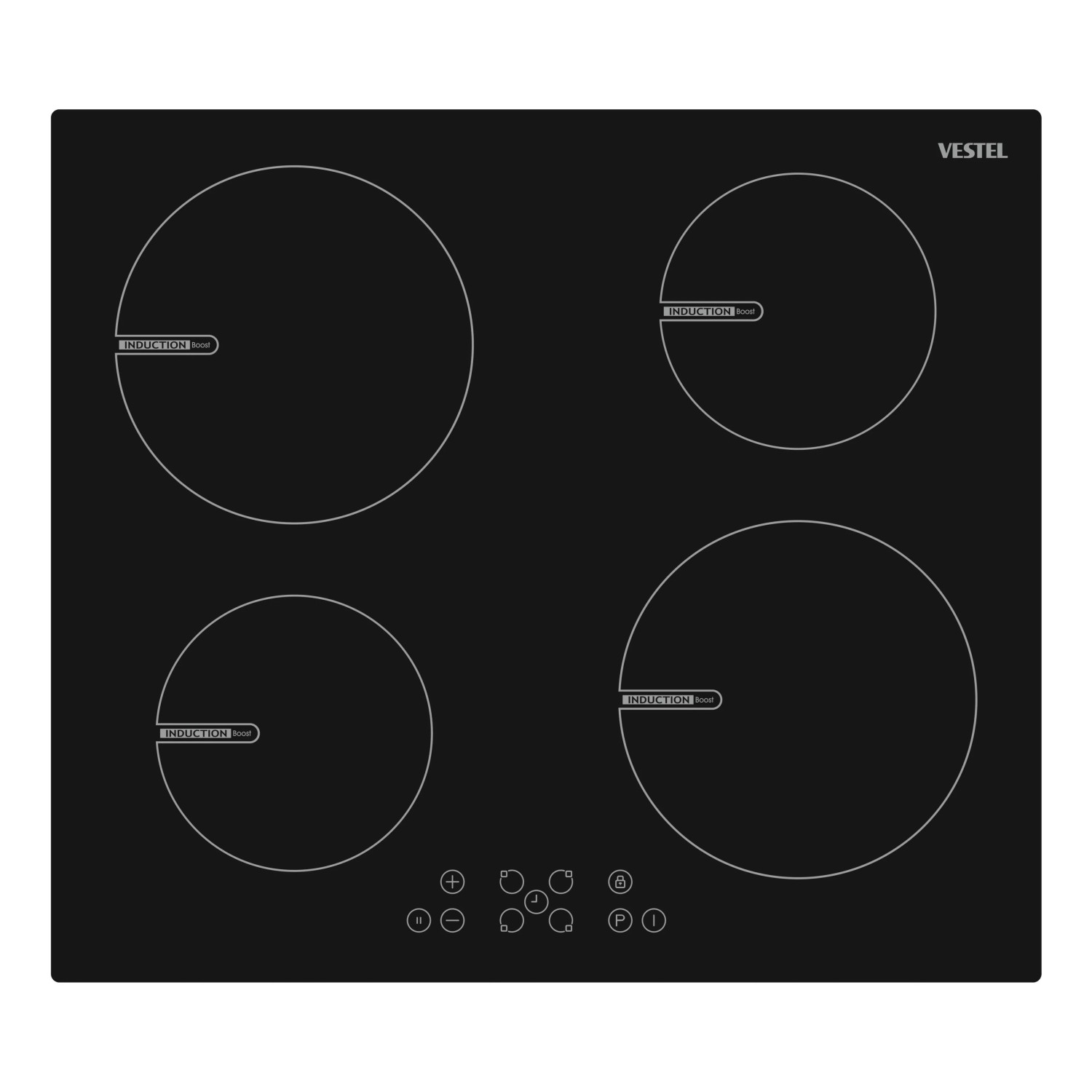 Schwarzes Induktionskochfeld Vestel mit 4 Kochzonen und Touch-Bedienung für die Küchenzeile.