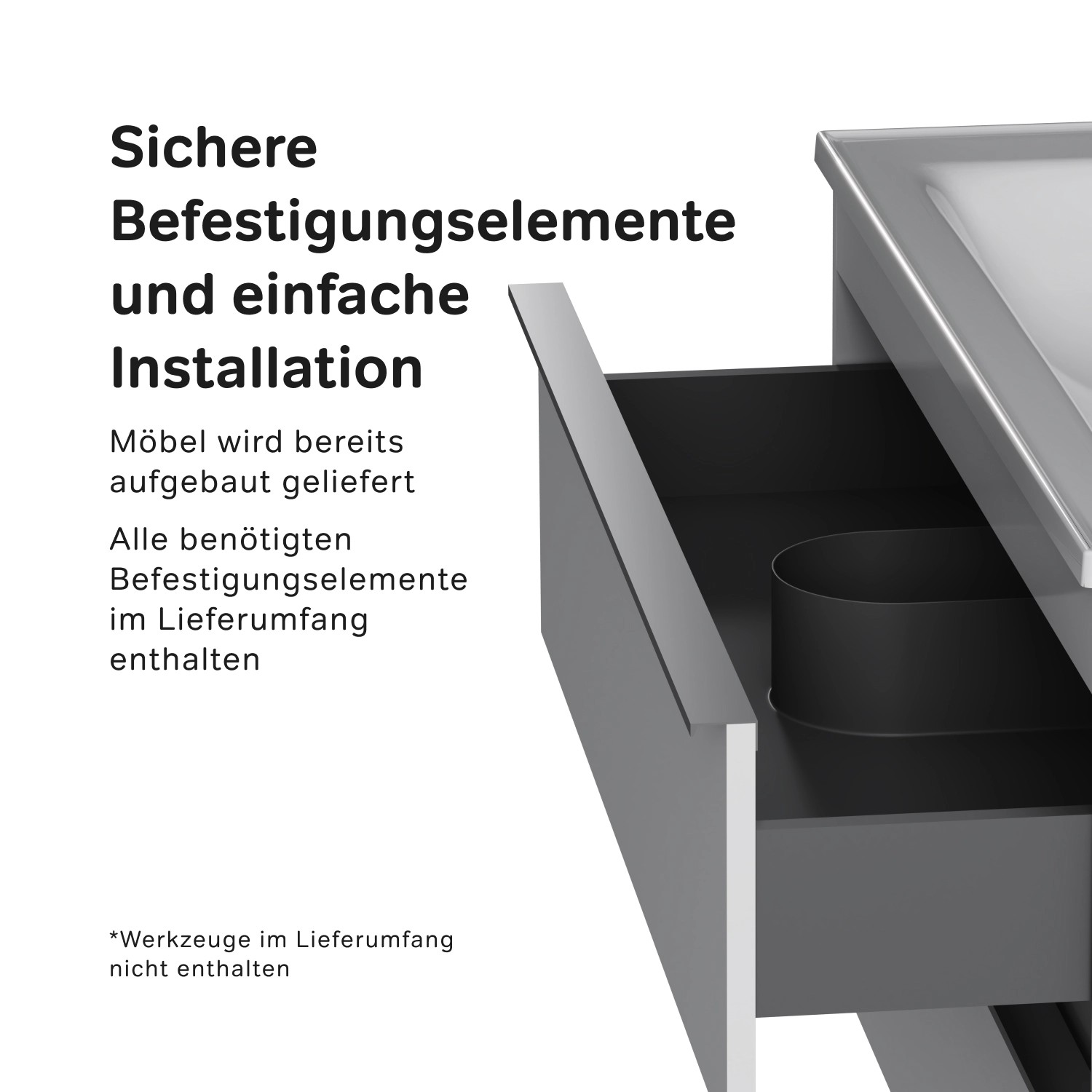 Detailaufnahme: AM.PM Waschtischunterschrank Hit, weiß, mit offener Schublade und Befestigungselementen.