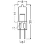 Technische Zeichnung Osram Halogen G4 Leuchtmittel, Röhrenform mit Maßen.