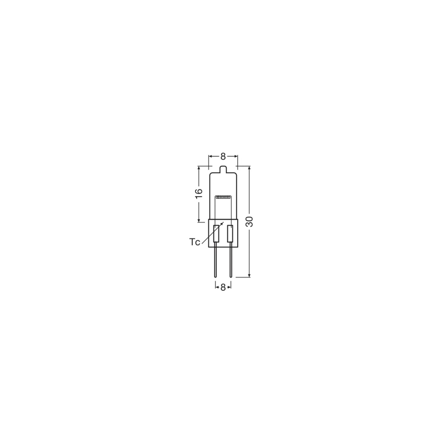 Technische Zeichnung Osram Halogen G4 Leuchtmittel, Röhrenform mit Maßen.