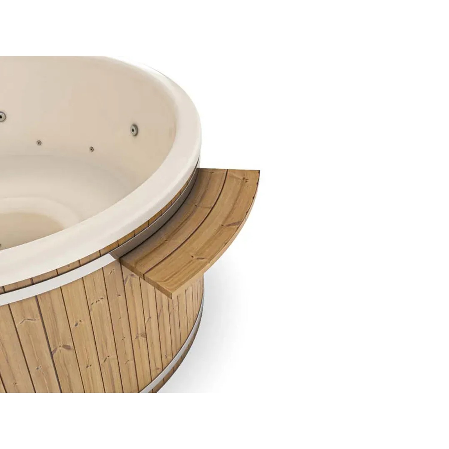 Finntherm Hot Tub Stockholm Spa Edition, cremeweiß, mit Holzverkleidung und Ablage.
