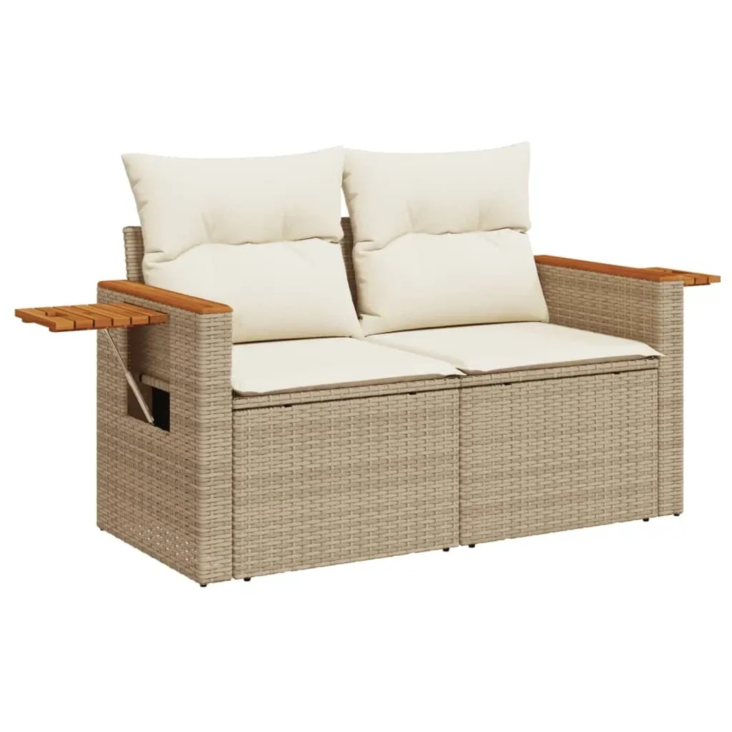 Beige 11-tlg. Garten Sofagarnitur aus Poly Rattan mit cremeweißen Kissen und Ablagetisch.