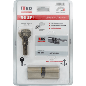 Iseo Profilzylinder R6 SPI 40/40, 5 Schlüssel, Sicherungskarte, Messing matt vernickelt