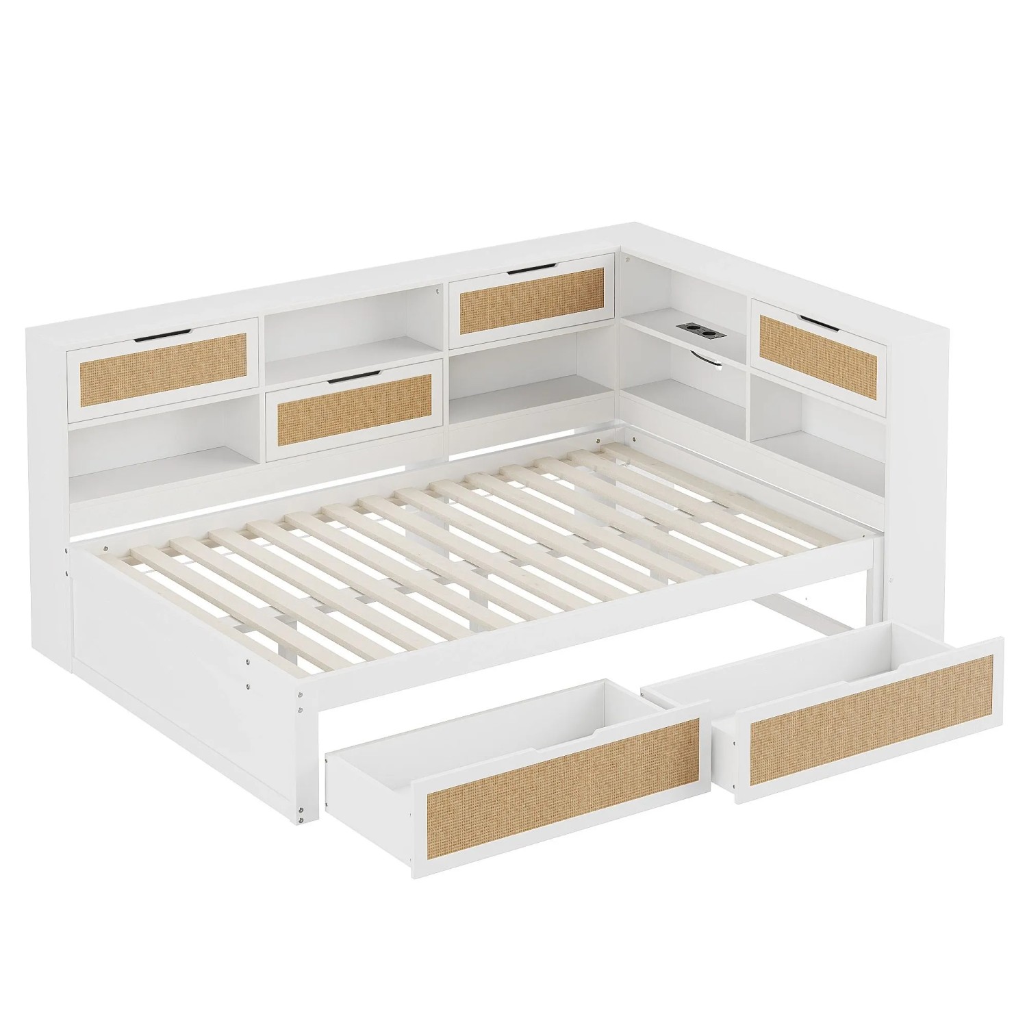 Merax Schlafsofa 140x200cm Massivholz Schubladen USB Weiß