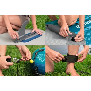 Bestway SUP Board Aqua Drifter: Details zu Finne, Sitzbefestigung, Leash und Pumpe.