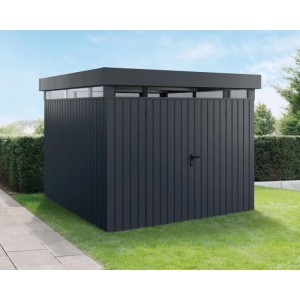 EcoStar Gerätehaus Euroline, 277x277 cm, Anthrazit, mit Lichtband. Gerätehaus mit Flachdach im Garten.