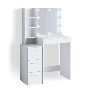 Weißer Vicco Schminktisch Meryl mit LED-Beleuchtung, Spiegel, Schubladen und Regalen.