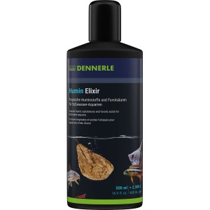 Schwarze Dennerle Humin Elixier Wasseraufbereiter 500 ml Flasche für Aquarien, mit Fischen, Garnelen und Wurzel im Wasser.