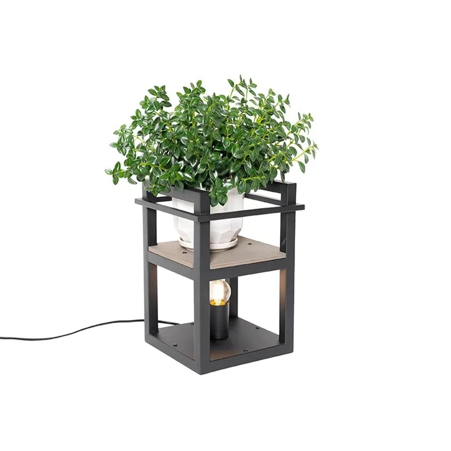 QAZQA Industrielle Tischlampe Schwarz mit Holz Cage Rack