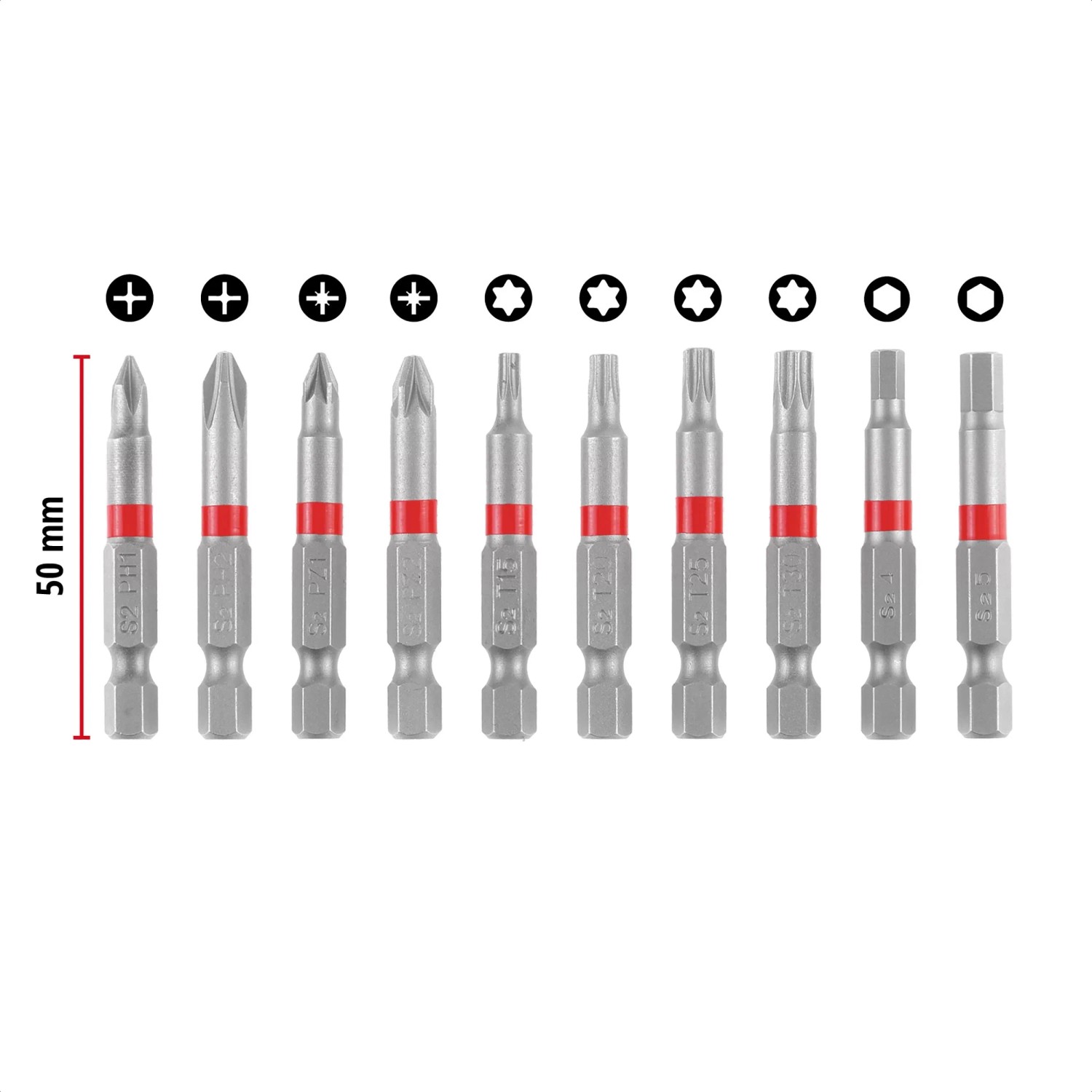 Einhell Bit-Set, 10-teilig, 50 mm Bits mit PH, PZ, TX und HEX Profilen im Taschenformat.
