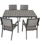 Graue 5-teilige Sitzgruppe Olivia für den Garten: Tisch mit vier Stühlen aus Nonwood und Aluminium.