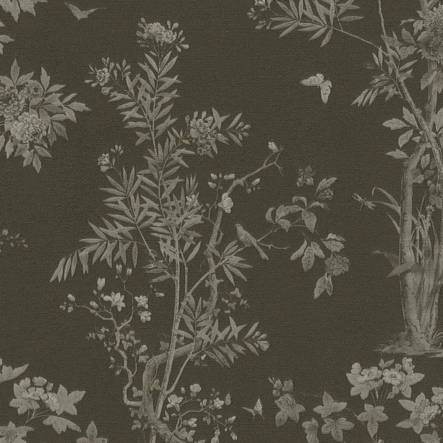PROFHOME 790436-GU Blumen Tapete Floral Schwarz-Braun Quarz-Grau 0,53 m x 10,05 m 5,33 m2