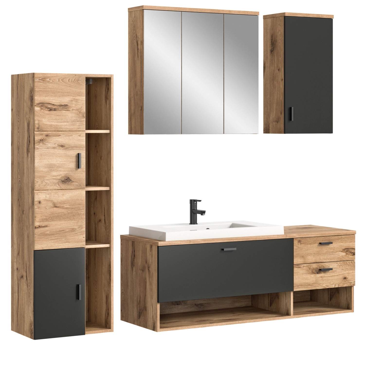 Inn.Furn Badmöbel-Set Eiche Grau Matt 5-teilig 200 cm mit Waschbecken Oderz günstig online kaufen