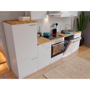 Respekta Economy Küchenzeile KB280WWC, 280 cm, Weiß mit Elektrogeräten und Nussbaum Arbeitsplatte.