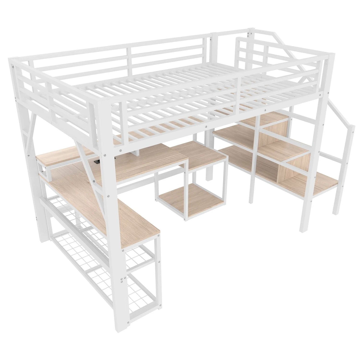 okwish Metall Hochbett 140x200cm mit Schreibtisch USB und LED Weiß ohne Matratze
