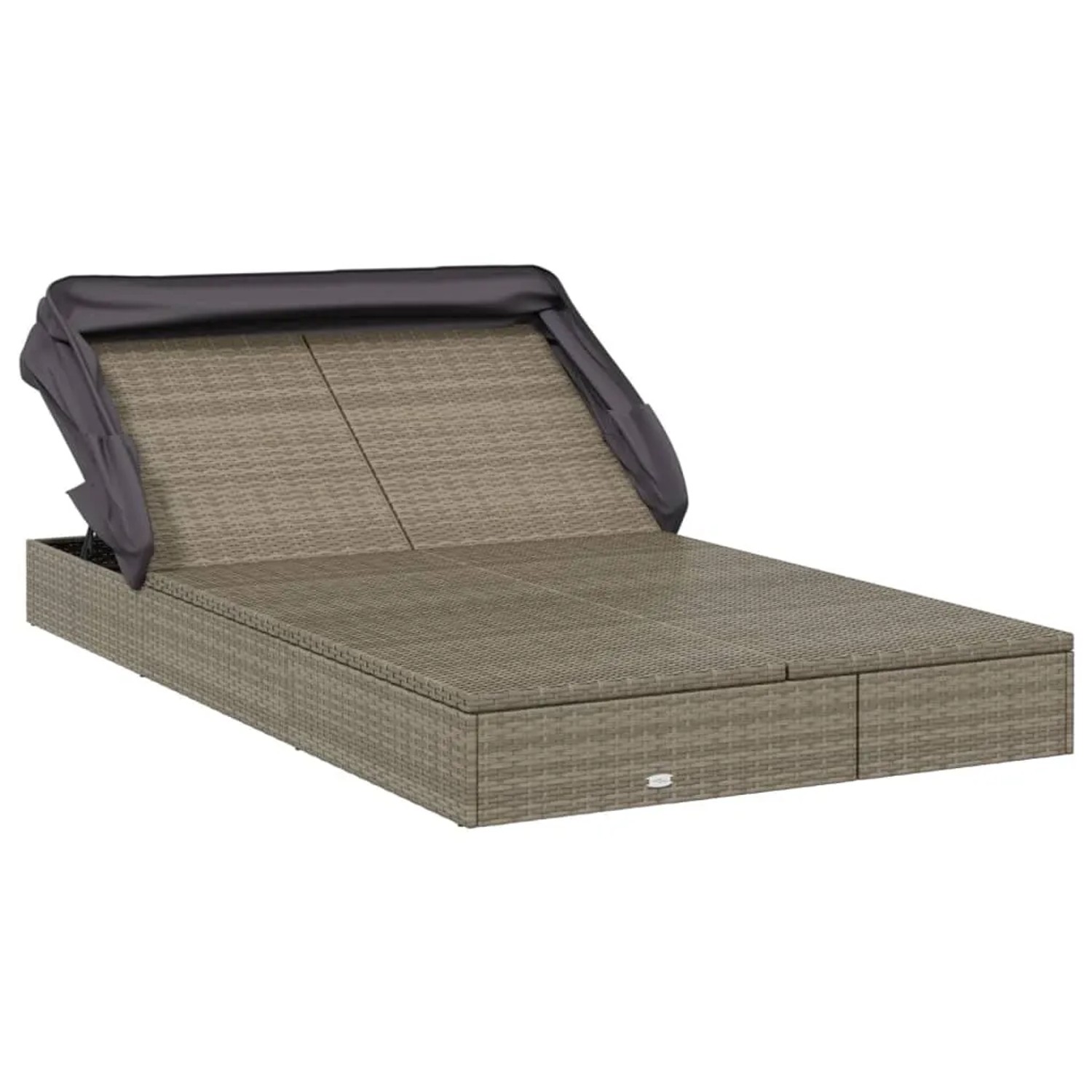 Graue 2-Personen Sonnenliege mit Dach aus Poly Rattan, ideal für Garten oder Terrasse.