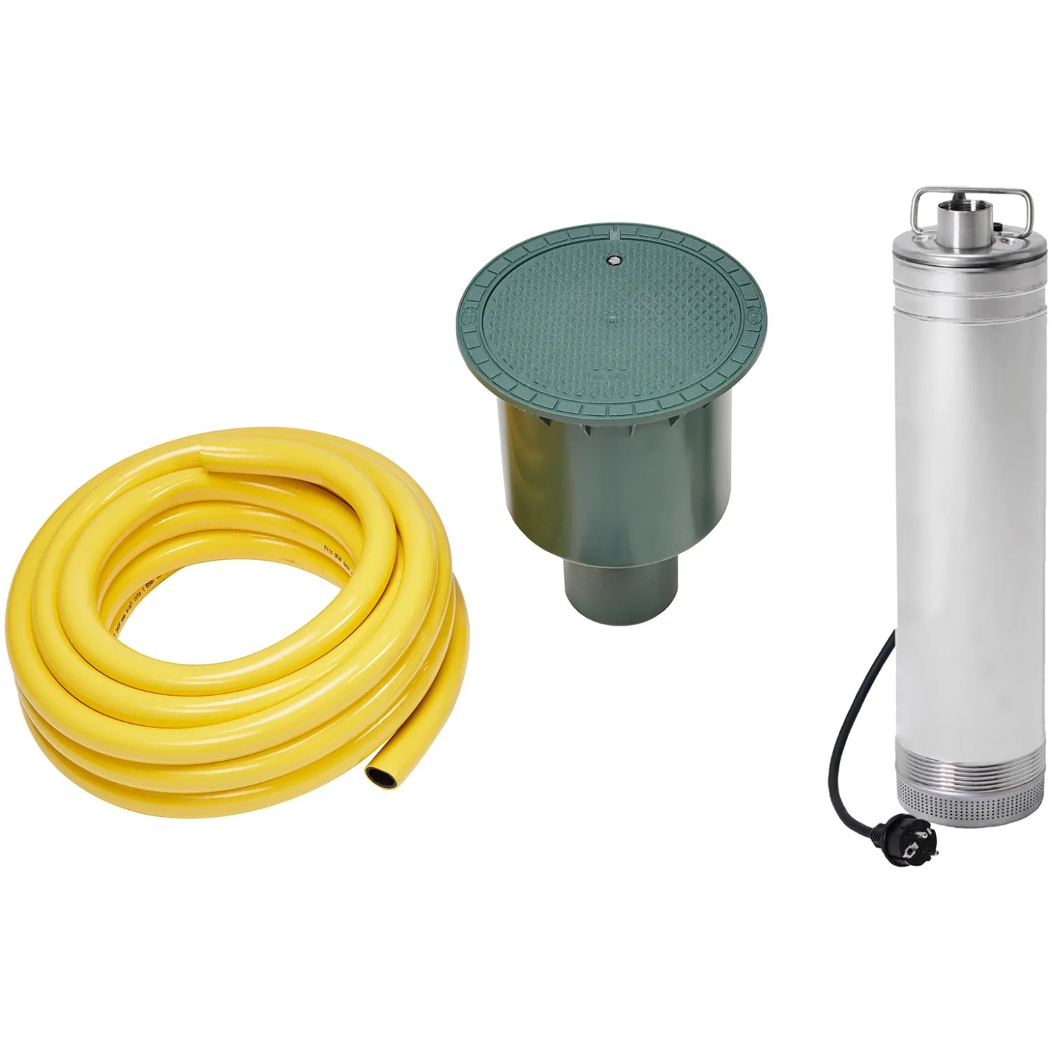 4rain Erdtank-Paket Mono 5.000 l Garten-Comfort mit gelbem Schlauch, Pumpe und Tankabdeckung.