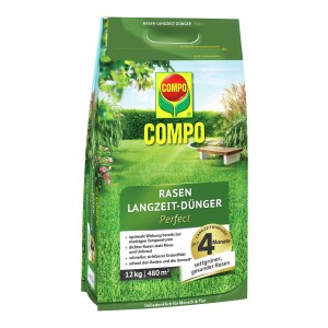 Packung Compo Rasen Langzeit-Dünger Perfect 12kg für dichten, grünen Rasen. Langzeitwirkung bis zu 4 Monate.