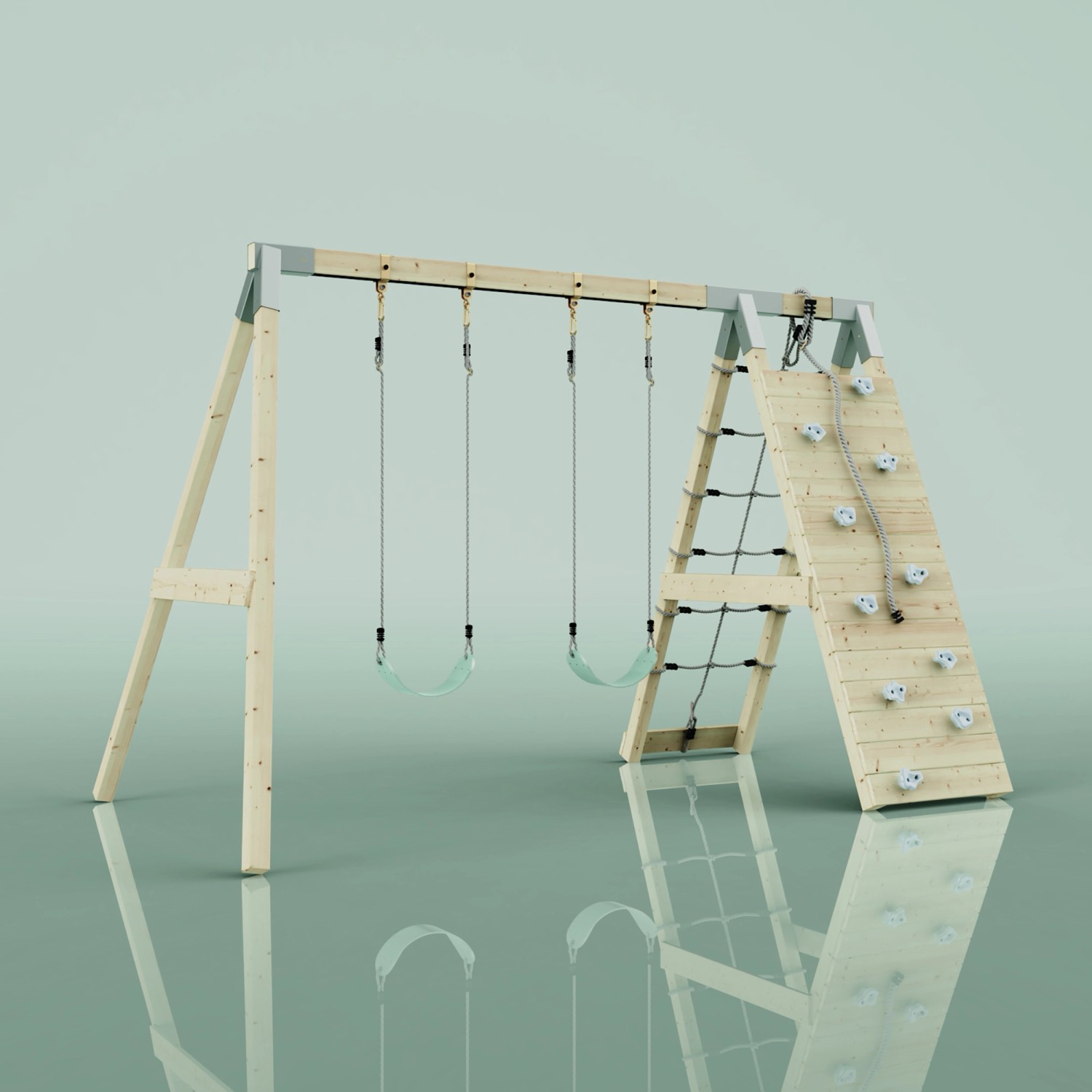 PolarPlay Klettergerüst Biene mintgrün mit Schaukeln und Kletterwand.