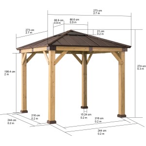 Sunjoy Pavillon Rapi Zedernholz, 273x273 cm, braun, mit Maßangaben.