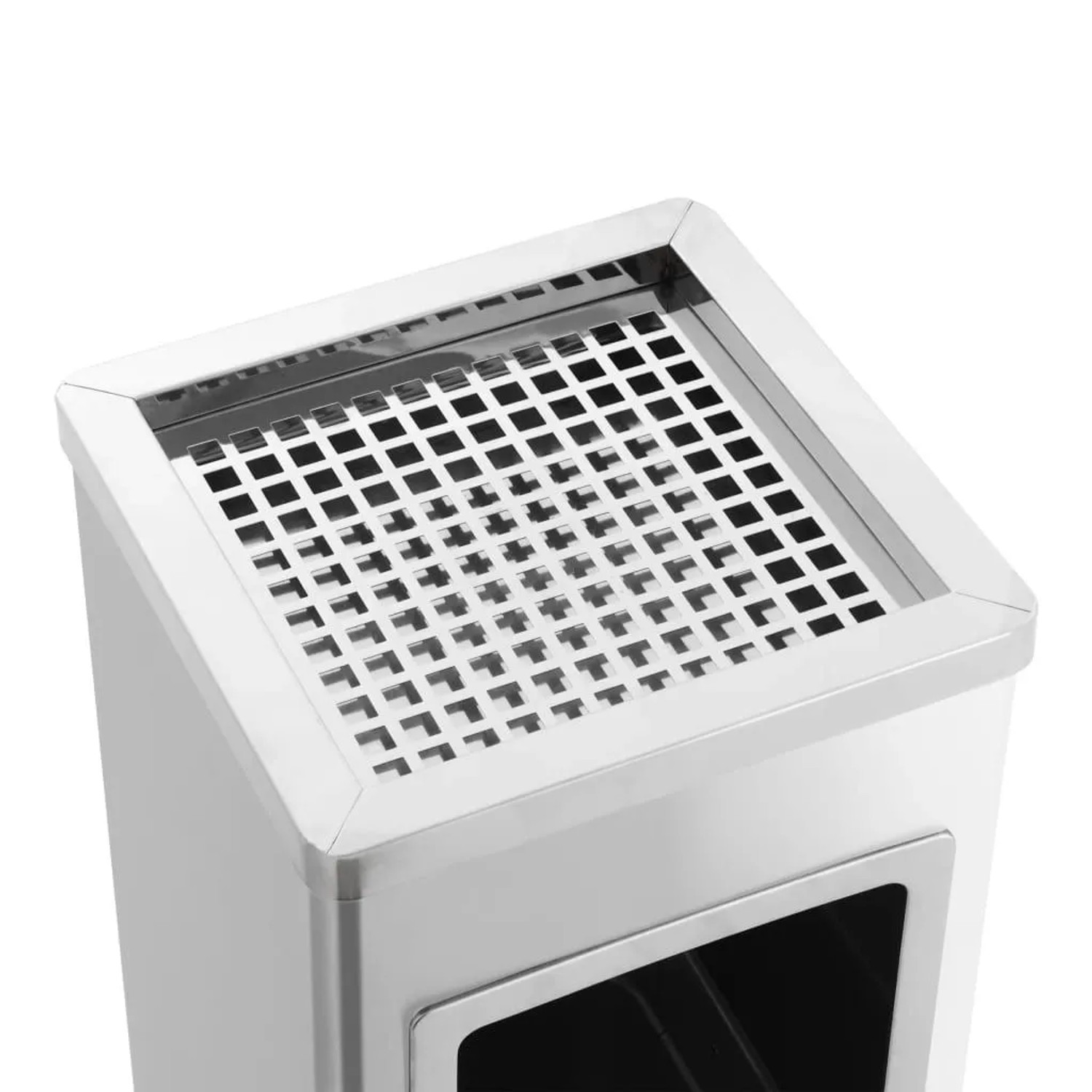 Silberner Edelstahl Standaschenbecher mit quadratischem Gitteraufsatz und Mülleimeröffnung. 36L, für draußen.