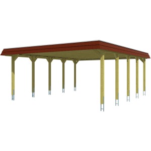 Skan Holz Doppelcarport Spreewald, Nussbaum, mit roter Blende. Holzkonstruktion mit flachem Dach und 10 Pfosten.