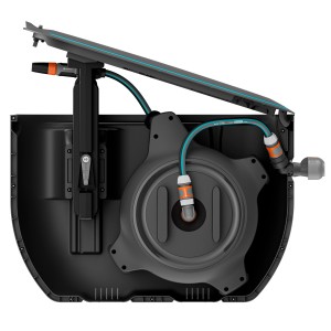 Gardena Undercover Schlauchbox RollUp M 20m, geöffnet. Gartenschlauchwagen für den Garten.