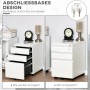 Weißer Vinsetto Rollcontainer aus Stahl mit 3 Schubladen und Rollen, offen und geschlossen mit Schloss gezeigt.